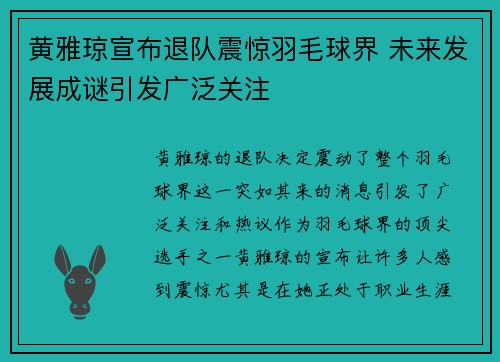 黄雅琼宣布退队震惊羽毛球界 未来发展成谜引发广泛关注