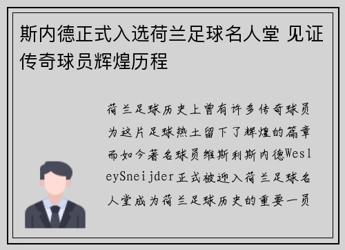 斯内德正式入选荷兰足球名人堂 见证传奇球员辉煌历程
